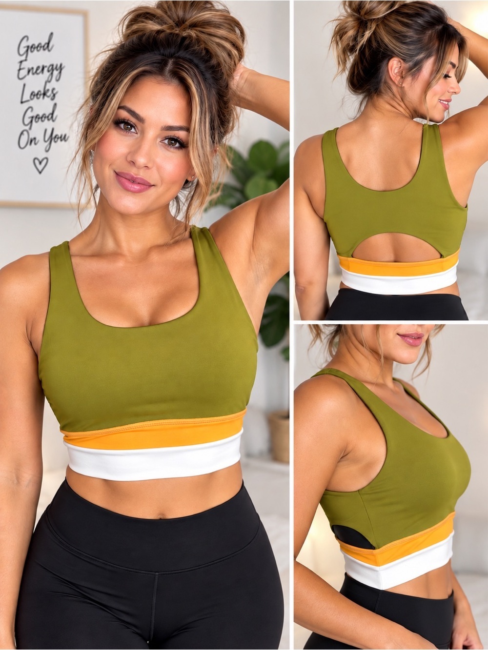 Define Your Inspiration Colorblock Sports Bra Crop– Olive/Orange/White